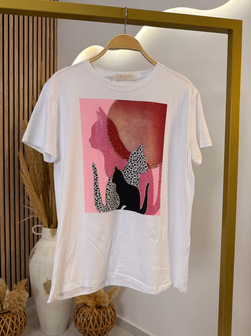 T-Shirt Strass Cats White-Rose