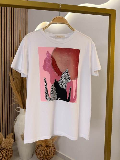 T-Shirt Strass Cats White-Rose