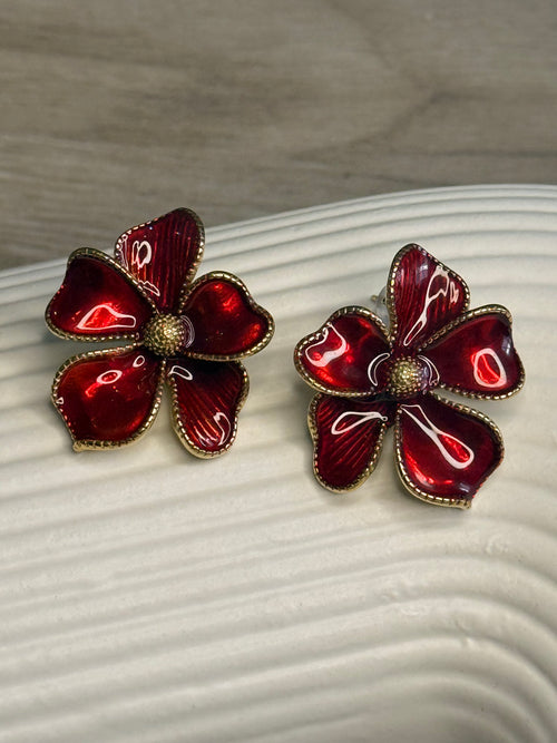 Flower Earrings Wine Red