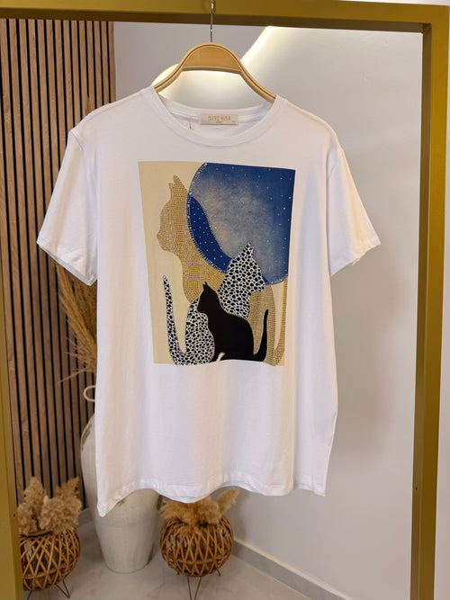 T-Shirt Strass Cats White-Light Blue