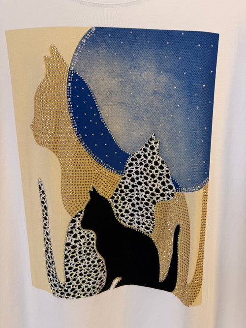 T-Shirt Strass Cats White-Light Blue